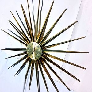 1960s MCM Emdur Wall Clock Atomic Gold Starburst Sunburst Battery Vintage Decor